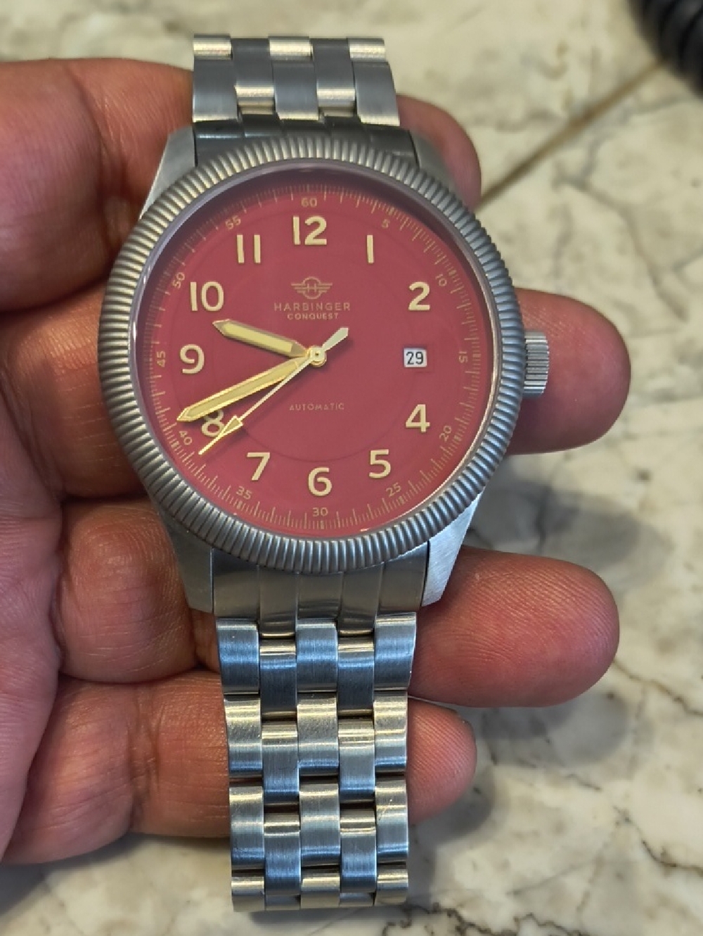 Silver Watch with Red Dial